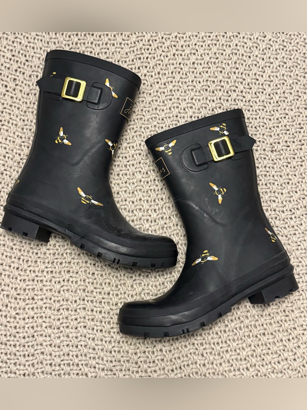Joules Black Rain Boots with Yellow Bee Print - Size 6